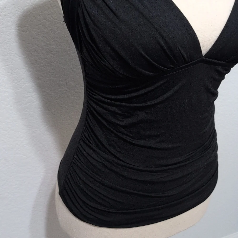 La Blanca Tankini Black Bathing Suit Top Ruched Halter Style Size 6 - Picture 3 of 12